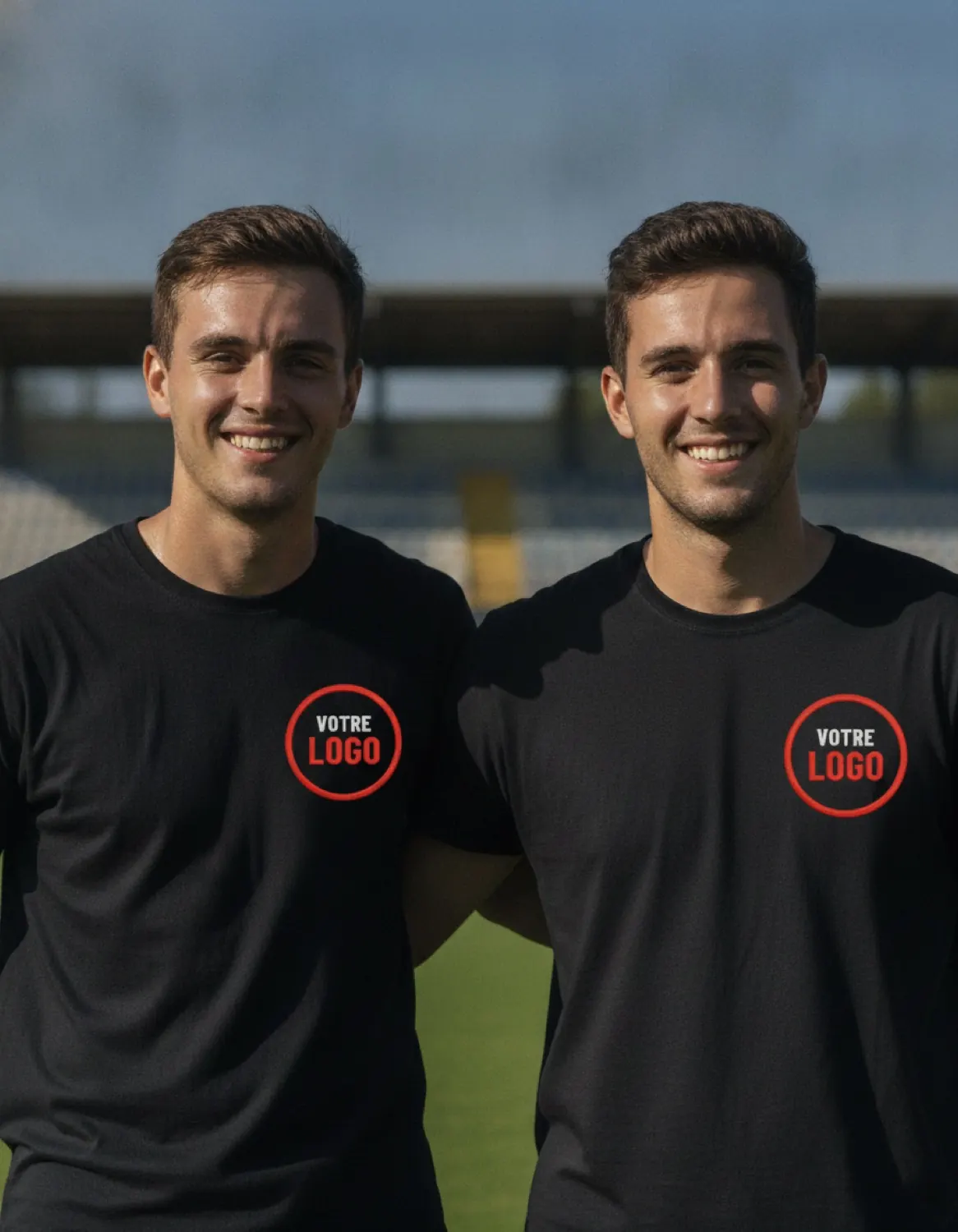 Deux joueurs d'un club en t-shirts noirs brodés